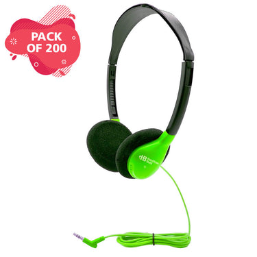 Green HamiltonBuhl SchoolMate headphones in bulk pack of 200, ideal for classrooms and education settings.